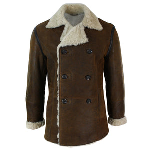 Men's Shearling German Navy Sheepskin Double Breasted Jacket Khaki Black - Tan - Infinity Leather - 1