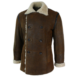 Men's Shearling German Navy Sheepskin Double Breasted Jacket Khaki Black - Tan - Infinity Leather - 3