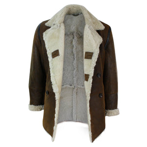 Men's Shearling German Navy Sheepskin Double Breasted Jacket Khaki Black - Tan - Infinity Leather - 4