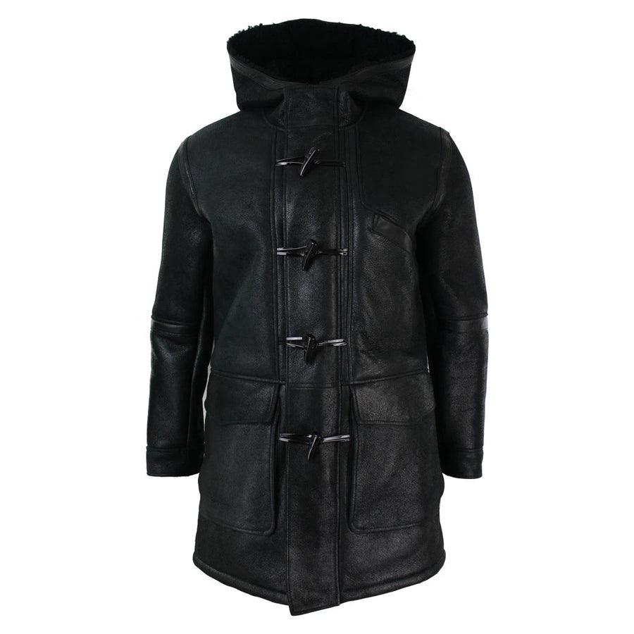 Men's Shearling Sheepskin 3/4 Hood Duffle Jacket Black Fur Warm Winter - Infinity Leather - 1