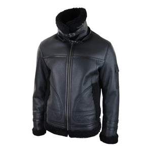 Herren Shearling Schafsfell Mantel Zipped Flying Jacket Schwarz Winter Warm Fell - Infinity Leather - 4