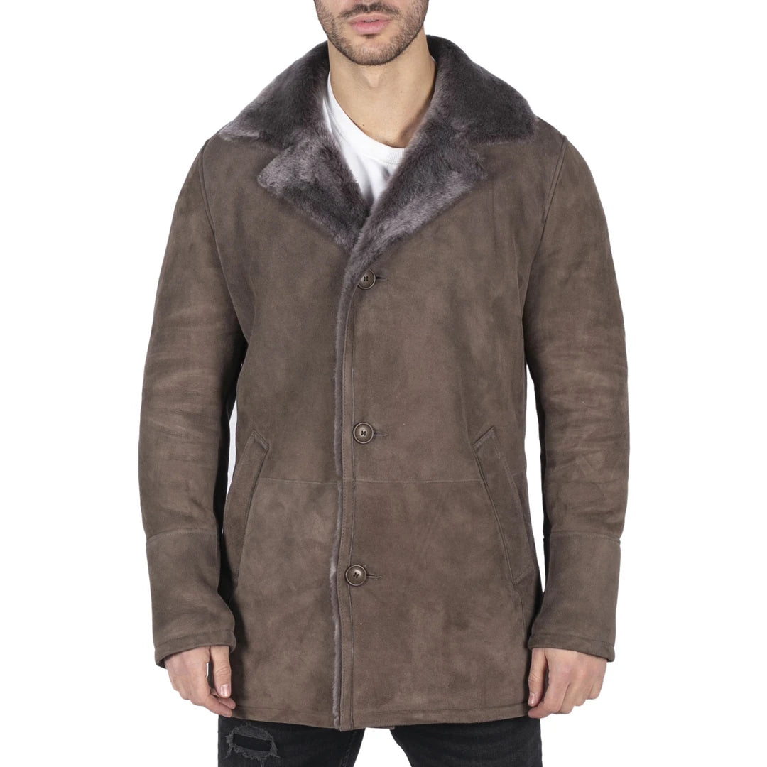 Herren Echt Schafsfell Mantel Beige Vintage 3/4 Jacke Button Down V Hals - Infinity Leather - 1