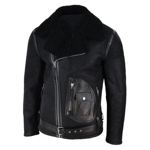 Men's Sheepskin Cross Zip Flying Jacket Pilot Flight Belt Fit Brando - Black - Infinity Leather - 2