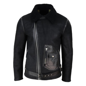 Men's Sheepskin Cross Zip Flying Jacket Pilot Flight Belt Fit Brando - Black - Infinity Leather - 3