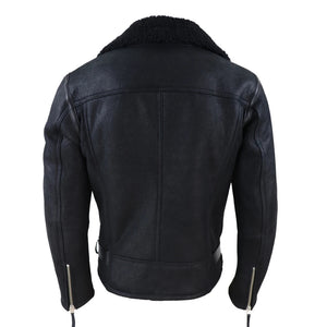 Men's Sheepskin Cross Zip Flying Jacket Pilot Flight Belt Fit Brando - Black - Infinity Leather - 7