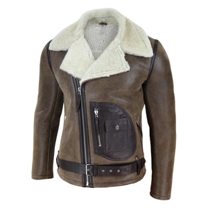 Men's Sheepskin Cross Zip Flying Jacket Pilot Flight Belt Fit Brando - Brown - Infinity Leather - 10