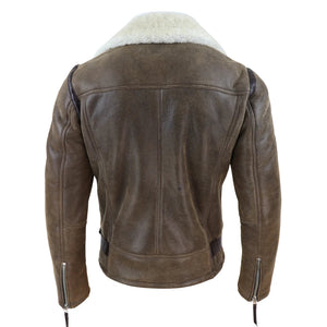Men's Sheepskin Cross Zip Flying Jacket Pilot Flight Belt Fit Brando - Brown - Infinity Leather - 14