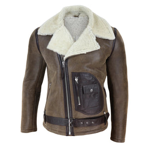 Men's Sheepskin Cross Zip Flying Jacket Pilot Flight Belt Fit Brando - Brown - Infinity Leather - 8