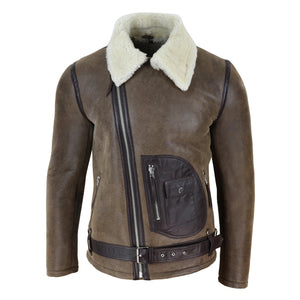Men's Sheepskin Cross Zip Flying Jacket Pilot Flight Belt Fit Brando - Brown - Infinity Leather - 9