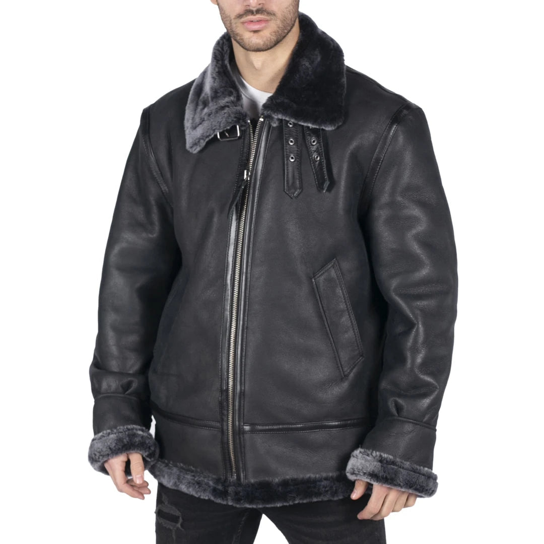 Herren Echtes Schafsleder Jacke Mantel B3 Flying Aviator Schwarz Grau Fell - Infinity Leather - 1