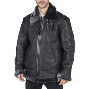 Herren Echtes Schafsleder Jacke Mantel B3 Flying Aviator Schwarz Grau Fell - Infinity Leather - 1