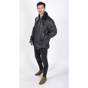 Herren Echtes Schafsleder Jacke Mantel B3 Flying Aviator Schwarz Grau Fell - Infinity Leather - 3