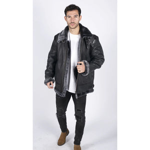 Herren Echtes Schafsleder Jacke Mantel B3 Flying Aviator Schwarz Grau Fell - Infinity Leather - 4