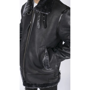 Herren Echtes Schafsleder Jacke Mantel B3 Flying Aviator Schwarz Grau Fell - Infinity Leather - 5