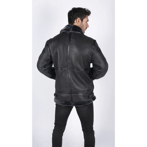 Herren Echtes Schafsleder Jacke Mantel B3 Flying Aviator Schwarz Grau Fell - Infinity Leather - 6