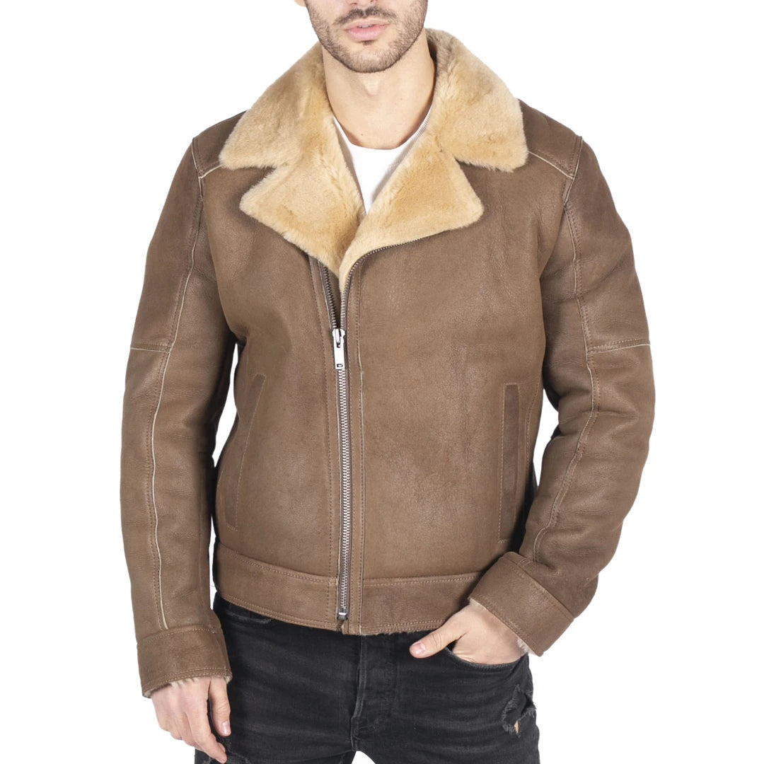Brązowa kurtka pilotka męska z owczej skóry z ukośnym zamkiem - Infinity Leather - 1