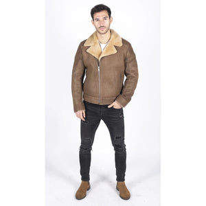 Brązowa kurtka pilotka męska z owczej skóry z ukośnym zamkiem - Infinity Leather - 2