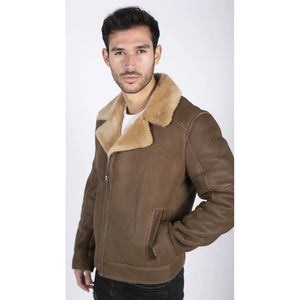 Brązowa kurtka pilotka męska z owczej skóry z ukośnym zamkiem - Infinity Leather - 4