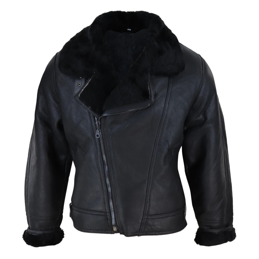 Herrenjacke 100% Echtleder Schaffell Braun Creme Quer Reißverschluss Piloten Stil - Schwarz - Infinity Leather - 1