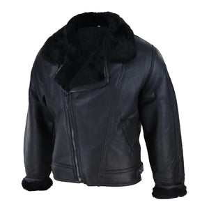 Herrenjacke 100% Echtleder Schaffell Braun Creme Quer Reißverschluss Piloten Stil - Schwarz - Infinity Leather - 2