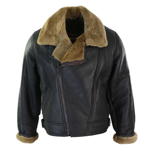 Herrenjacke 100% Echtleder Schaffell Braun Creme Quer Reißverschluss Piloten Stil - Infinity Leather - 12