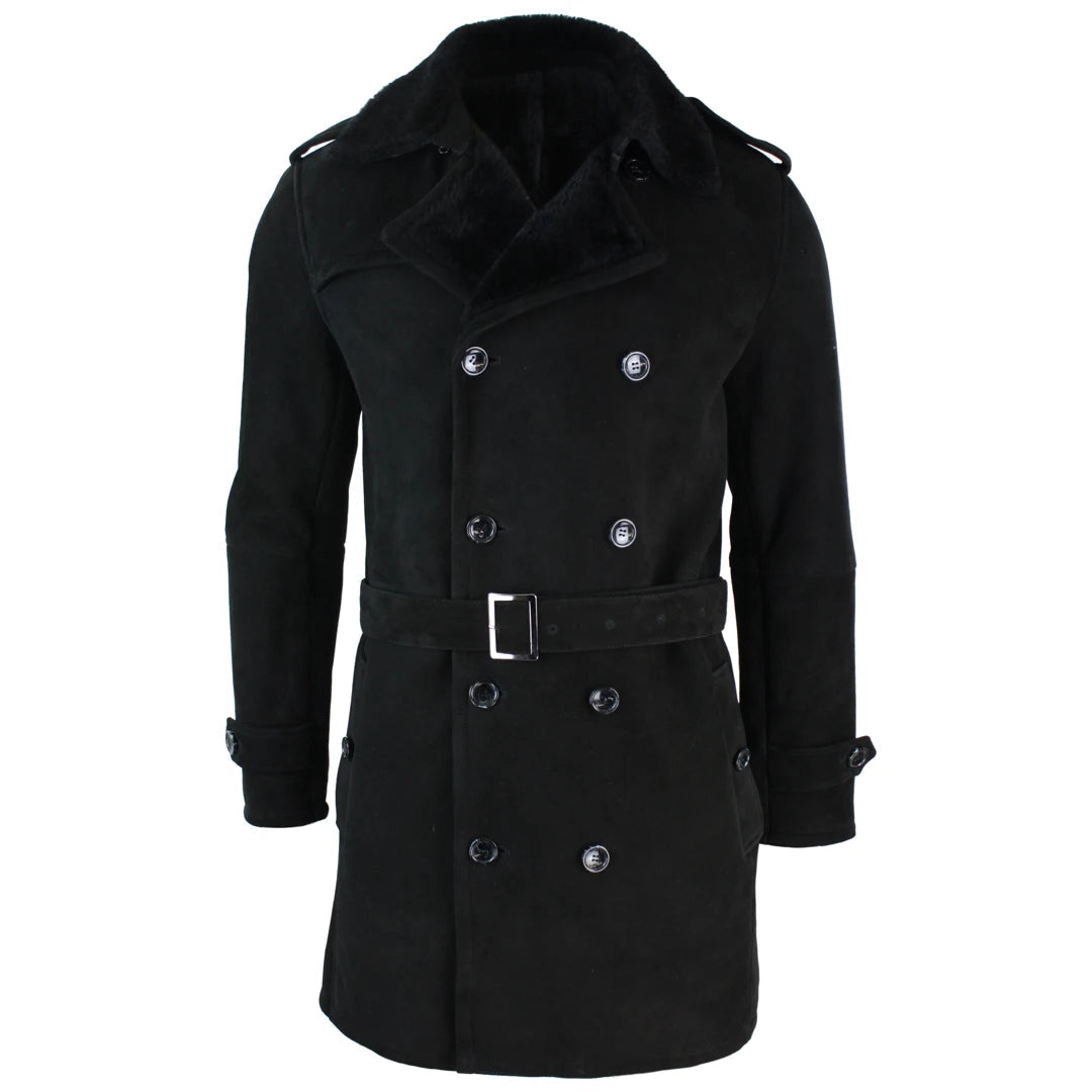 Herren Sherling Lammfell Doppelreihiger 3/4 Mantel mit Gürtel - Schwarz - Infinity Leather - 1