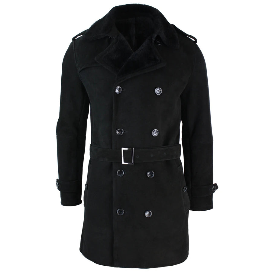 Abrigo 3/4 para hombre de piel de oveja Sherling con doble botonadura y cinturón - Negro - Infinity Leather - 1