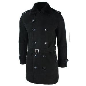 Herren Sherling Lammfell Doppelreihiger 3/4 Mantel mit Gürtel - Schwarz - Infinity Leather - 2