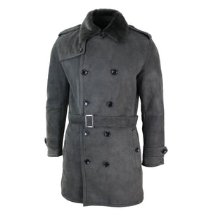Herren Sherling Lammfell Doppelreihiger 3/4 Mantel mit Gürtel - Grau - Infinity Leather - 7