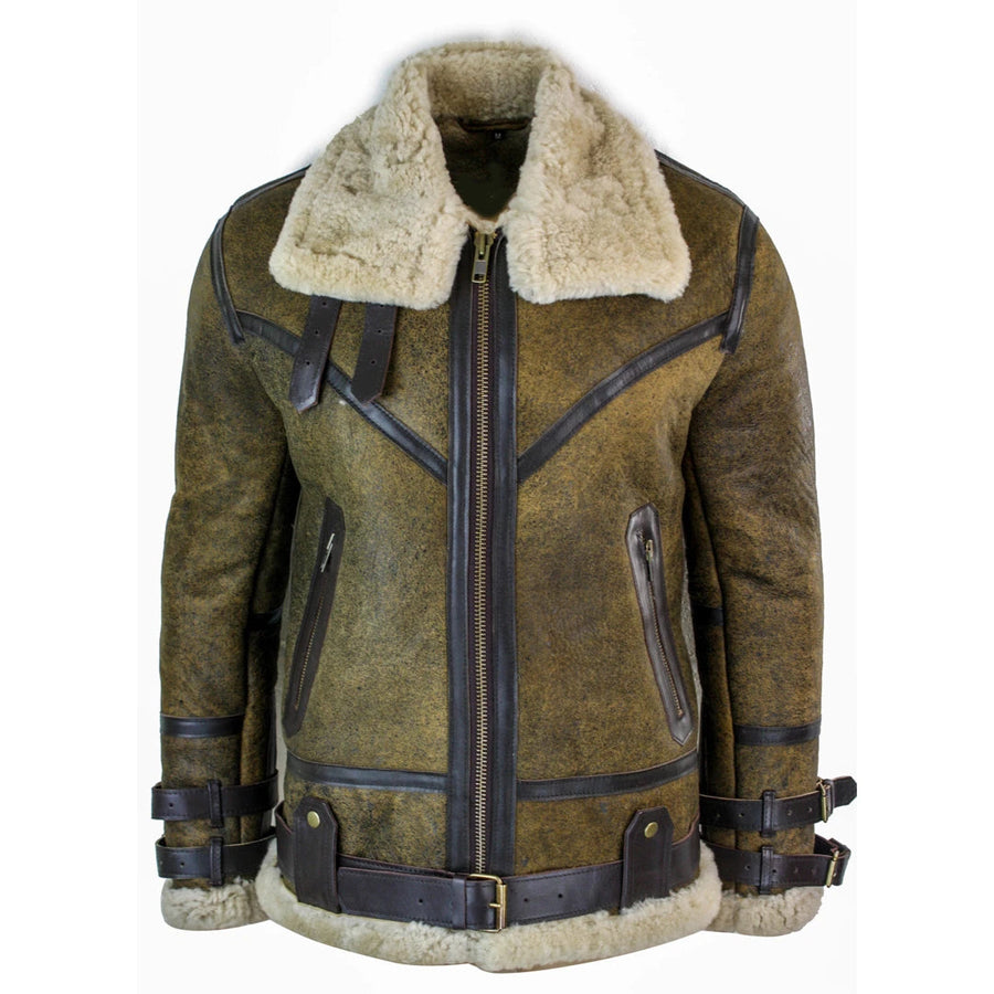 Brązowa skórzana kurtka męska wiking RAF ze skóry owczej z kremowym kożuchem - Infinity Leather - 1