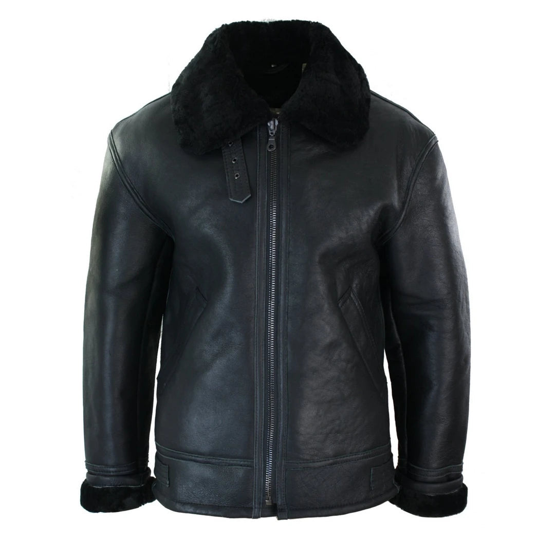 Herrenjacke 100% Echtleder Schaffell Braun Creme Quer Reißverschluss Piloten Stil - Schwarz - Infinity Leather - 1