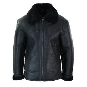 Herrenjacke 100% Echtleder Schaffell Braun Creme Quer Reißverschluss Piloten Stil - Schwarz - Infinity Leather - 1