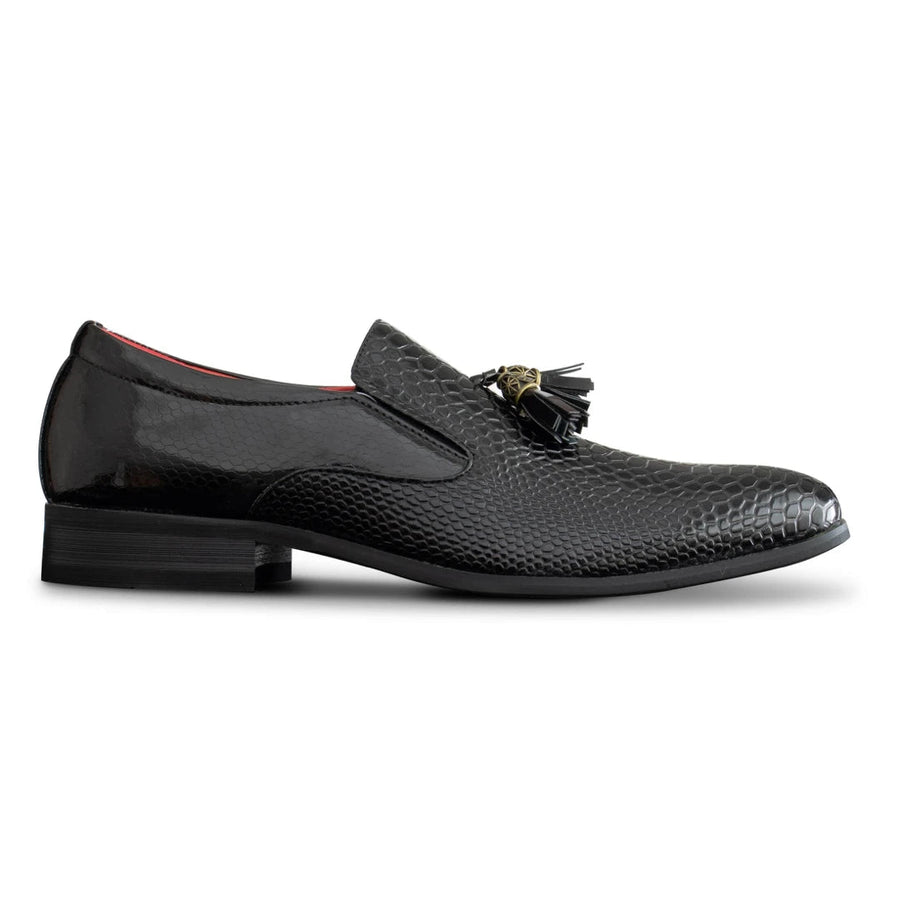 Mens Shoes Slip On Snake PU Leather Black Shiny Patent Tassel Smart Casual - Fiorello - 1