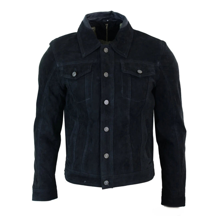 Krótka męska kurtka jeansowa zamszowo-skórzana - Czarny - Infinity Leather - 1