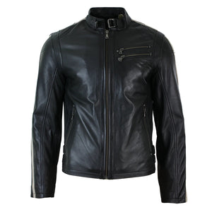 Men's Short Leather Biker Racing Jacket Stripes Sleeves Zipped - Infinity Leather - 1