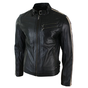 Men's Short Leather Biker Racing Jacket Stripes Sleeves Zipped - Infinity Leather - 2