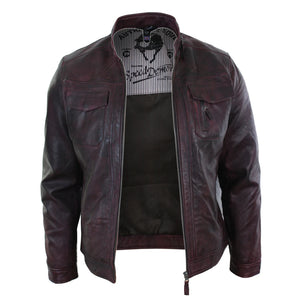 Veste de motard en cuir bordeaux décontractée courte zippée pour hommes - Aviatrix - 7