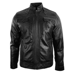 Veste de motard en cuir bordeaux décontractée courte zippée pour hommes - Noir - Aviatrix - 10