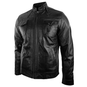 Veste de motard en cuir bordeaux décontractée courte zippée pour hommes - Noir - Aviatrix - 11