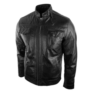 Veste de motard en cuir bordeaux décontractée courte zippée pour hommes - Noir - Aviatrix - 12