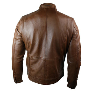 Veste de motard en cuir bordeaux décontractée courte zippée pour hommes - Marron - Aviatrix - 4