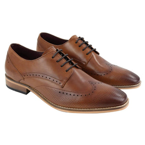 Mens Smart Casual Real Leather Office Work Wedding Shoes Laced Simple Brogues - Tan - House of Cavani - 6