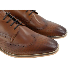 Mens Smart Casual Real Leather Office Work Wedding Shoes Laced Simple Brogues - Tan - House of Cavani - 7