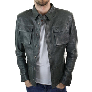 Veste chemise homme cuir véritable gris noir marron clair vintage cintré rétro - Infinity Leather - 2