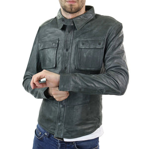 Veste chemise homme cuir véritable gris noir marron clair vintage cintré rétro - Infinity Leather - 4