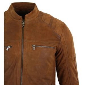 Men's Suede Leather Camel Zip Biker Racing Jacket Washed Nehru Collar - Infinity Leather - 3