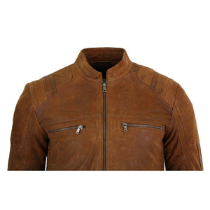Men's Suede Leather Camel Zip Biker Racing Jacket Washed Nehru Collar - Infinity Leather - 4