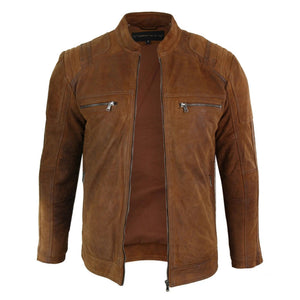 Men's Suede Leather Camel Zip Biker Racing Jacket Washed Nehru Collar - Infinity Leather - 5