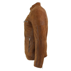 Men's Suede Leather Camel Zip Biker Racing Jacket Washed Nehru Collar - Infinity Leather - 6