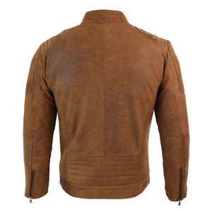 Men's Suede Leather Camel Zip Biker Racing Jacket Washed Nehru Collar - Infinity Leather - 7